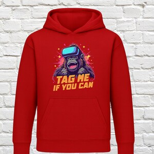 Red Hoodie with Funny Monkey Graphic, Tag Me If You Can Print, Unisex Casual Sweatshirt, Comfy Winter Wear, Trendy Outerwear for All