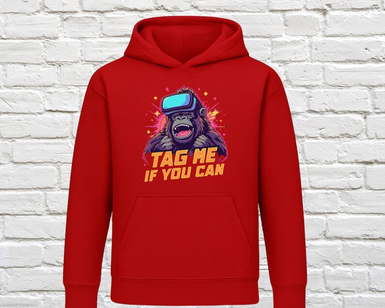 Red Hoodie with Funny Monkey Graphic, Tag Me If You Can Print, Unisex Casual Sweatshirt, Comfy Winter Wear, Trendy Outerwear for All