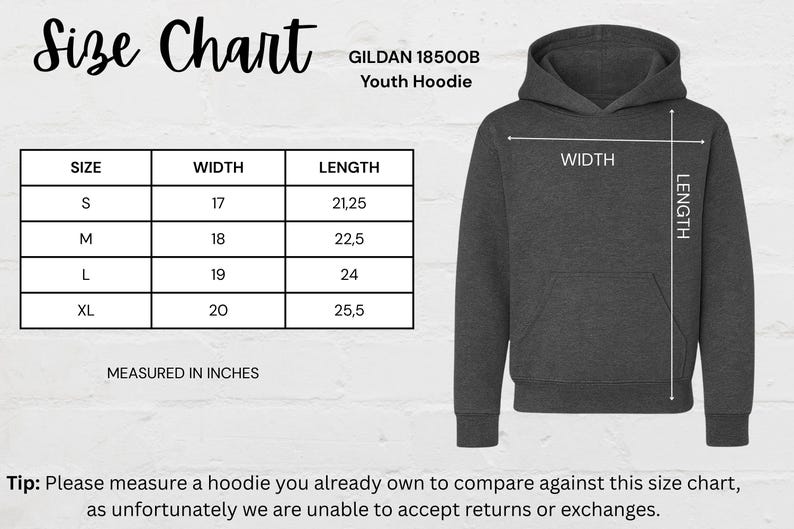 Youth Hoodie Size Chart, Size Guide for Youth Hoodies, Youth Sweater Measurement Chart, Kids Pullover Sizing, Teen Hoodie Chart
