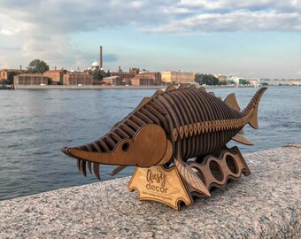 Art Wooden Fish Minibar Laser Cut Sturgeon Fish Bottle Stand - Laser Cut Fish Wine Holder Minibar, Gift