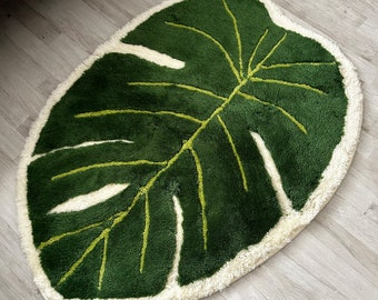 Monstera Rug - Fluffy Monstera Rug - Tufted Monstera Rug - Bedroom Rug - Bath Rug - Housewarming Gift - Washable Rug - Home Decor -Green Rug