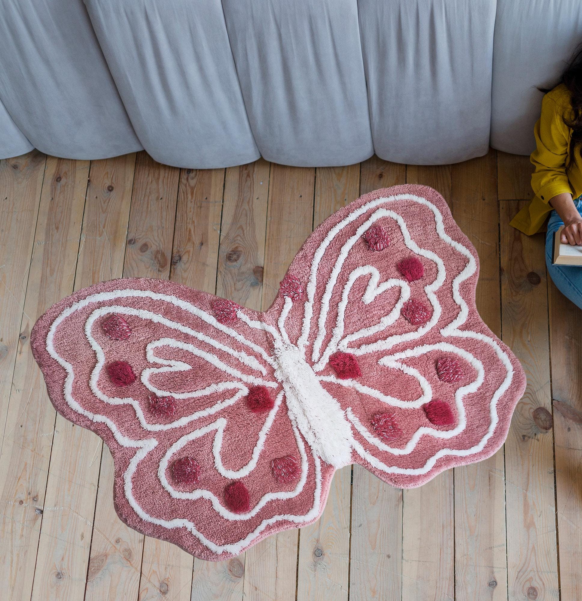 Pink Butterfly Rug, Tufted Acrylic Bath Mat, Washable Accent Rug