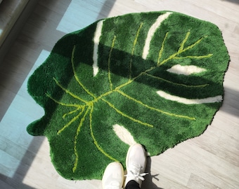 Monstera Rug - Fluffy Monstera Rug - Tufted Monstera Rug - Bedroom Rug - Bath Rug - Housewarming Gift - Washable Rug - Home Decor -Green Rug
