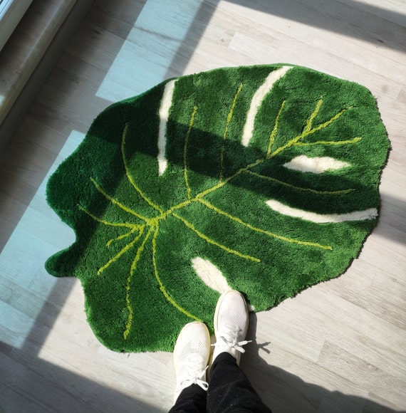 Monstera Rug - Fluffy Monstera Rug - Tufted Monstera Rug - Bedroom Rug - Bath Rug - Housewarming Gift - Washable Rug - Home Decor -Green Rug