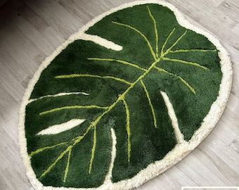 Monstera-Blatt-Teppich, grüner flauschiger Teppich, Monstera-Wohndekoration, Schlafzimmerteppich, Badteppich, Geschenk zur Wohnungseinrichtung, Blattteppich, Pflanzendekoration, ästhetischer Teppich