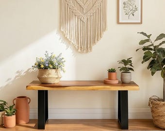 Rustic Modern Live Edge Wood Bench | Acacia Wood Entryway Bench with Black Metal Base
