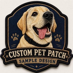 Op de afbeelding: Een geborduurde patch met een gele Labrador retriever met een zwarte halsband, een roze tong en twee pootafdrukken op een donkerblauwe achtergrond. De tekst CUSTOM PET PATCH en SAMPLE DESIGN staat op een beige banner onderaan de patch.
