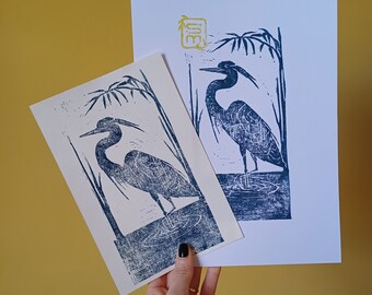 "Blue Heron" linocut, handmade print, home decor, gift idea