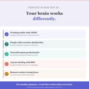 Peut inclure: Graphique avec le texte "Your brain works differently." et une liste de personnes pouvant bénéficier du produit. La liste comprend les adultes actifs atteints de TDAH, les personnes atteintes de dysfonctionnement exécutif et les télétravailleurs.