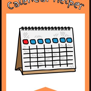 May include: A white calendar with a red and blue highlighted date. The calendar is a desk calendar with a brown base and a metal spiral binding. The text "calendar helper" is written in black at the top of the image.