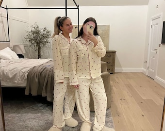 Womens Cute Long Sleeve Full Length Button up Cherry Pyjamas