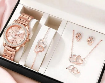 Juego de 6 piezas de reloj de lujo de oro rosa/plata/oro, anillo, collar, pendiente de diamantes de imitación, regalo para ella, regalo de cumpleaños