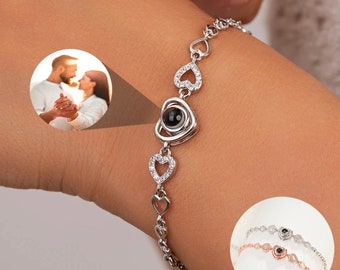 Bracciale con proiezione personalizzata di foto, braccialetto con ciondolo a cuore, proiezione, braccialetto con foto commemorativo, gioielli con foto, regalo per lei