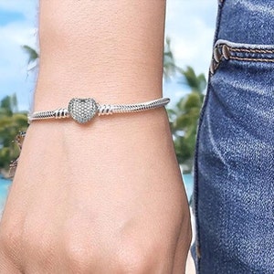 925 Sterling Silber Herz Bettelarmband, Pandora Style Original Charm mit Liebesverschluss, Bettelarmband/Muttertagsgeschenk Bild 4