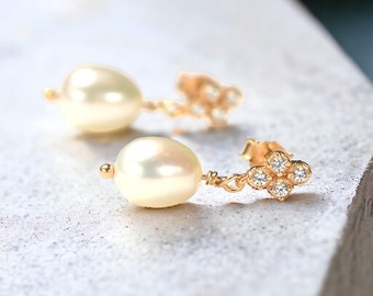 Splendidi orecchini da sposa/damigella d'onore/ballo studentesco, oro 18 carati, perle barocche naturali, orecchino a goccia in pietra topazio, pendente, regalo per lei