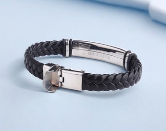 Bracelet en cuir tressé noir personnalisé avec prénom pour homme/femme. Cadeau pour elle/Cadeau pour lui Cadeau de fête des pères.