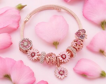 Pulsera/brazalete de dijes de oro rosa, brazalete de flor de margarita, diseño de flor de hoja de cristal brillante, regalo para ella