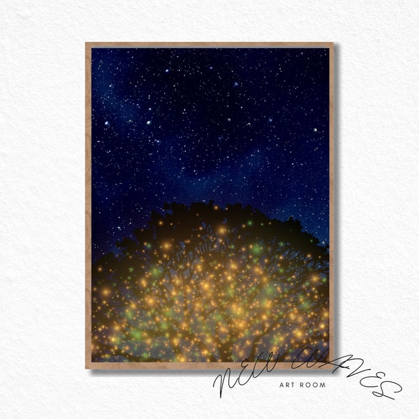 Night Starry Sky Fireflies Wall Art, Glowing Firefly Prints, Firefly Wall Art, Night Stars with glowing world tree, Magical Fairytale Poster