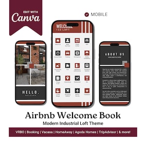 May include: A mobile phone screen displaying a welcome book for a modern industrial loft Airbnb. The book includes sections for about us, house rules, parking, emergency, safety guidelines, around the house, fun, appliance instructions, transport options, things to do, attractions, restaurant, bar, coffee shops, shopping district, before you go, and feedback. The book also includes the text "Welcome 123 Loft".