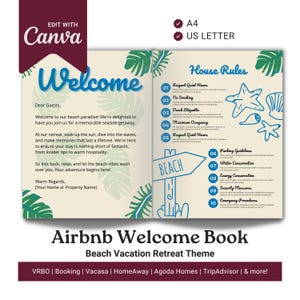 Libro de bienvenida imprimible de Airbnb para vacaciones en la playa, editable en Canva, tamaño A4, carta de EE. UU., VRBO, reserva, Vacasa, Homeaway, Agoda Homes, TripAdvisor