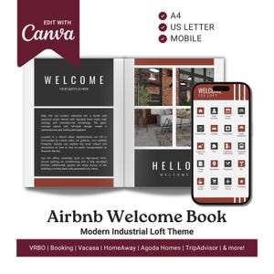 May include: A welcome book for Airbnb guests with a modern industrial loft theme. The book features a photo of a loft interior with exposed brick walls and high ceilings. The book also includes a list of amenities and local attractions. The text on the cover reads "Airbnb Welcome Book" and "Modern Industrial Loft Theme".