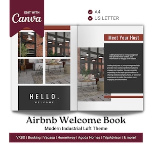 May include: A welcome book for Airbnb hosts with a modern industrial loft theme. The cover features a collage of photos of a loft apartment with exposed brick walls and industrial lighting. The text on the cover reads "Airbnb Welcome Book" and "Modern Industrial Loft Theme".