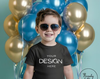 Black Bella Canvas 3001 T-shirt Mockup, Boys Black Color T-shirt, Indoor Birthday Themed Mockup, Kids Black Bella T-shirt Mockup