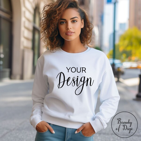 White Gildan 18000 Sweatshirt Mockup, Mockup for Stylish Women's White Sweatshirt,  City Sophistication in Summer