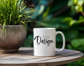 White Mug Mockup, 11 oz. Coffee Mug Mockup, 11 oz. Ceramic Mug Mockup, Modern Outdoor Mug Mockup, Garden in Background