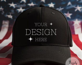 4 luglio Mockup di cappello da baseball nero, sfondo festivo, Mockup di berretto nero, Design frontale, File digitale a tema Giorno dell'Indipendenza, Jpg