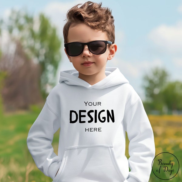 White Gildan 18500 Hoodie Mockup, Boys Classic White Hoodie Mockup, Boys Stylish Outfit, Outdoor Mockup, Blank Template, Jpg