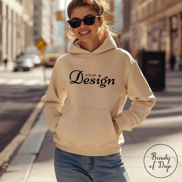 Sand Gildan 18500 Hoodie Mockup, Woman Sand Hoodie, Beige Sweater Mockup, Outdoor Mockup