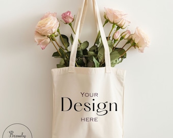 Einkaufstaschen-Mockup, weiße Einkaufstaschen-Mockup mit Blumen in der Tasche, leere Vorlage, festliches Motiv-Mock, Minimalismus-Hintergrund, Geburtstags-Mock