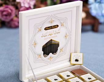 16 piezas con caja Hajj Mubarak, Recuerdos de chocolate para Eid al Adha, Eid Mubarak, Recuerdos de chocolate para invitados de Eid, Umrah Mubarak, Regalos de recuerdo para Hajj