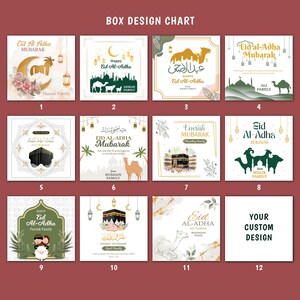 May include: A design chart featuring twelve square designs with text and illustrations related to Eid al-Adha and Umrah. Designs include camels, mosques, and the Kaaba, with family names.