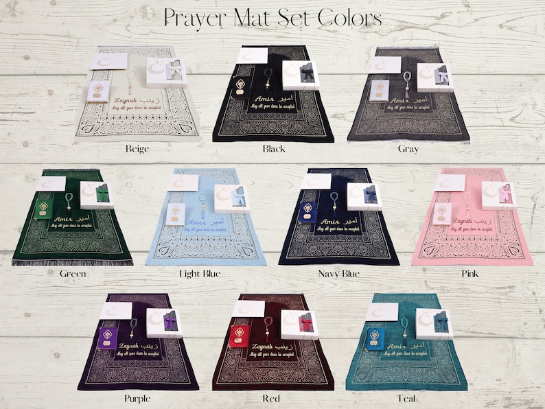 May include: A set of prayer mats in various colors, including beige, black, gray, green, light blue, navy blue, pink, purple, red, and teal. Each mat features a decorative design and includes a matching prayer bead set and a small prayer book.