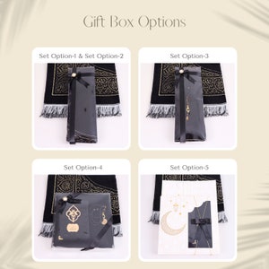 May include: Five gift box options for prayer rugs. Each box includes a prayer rug, a black box with a ribbon, and a decorative item. The decorative items include a necklace, a keychain, and a small decorative piece.