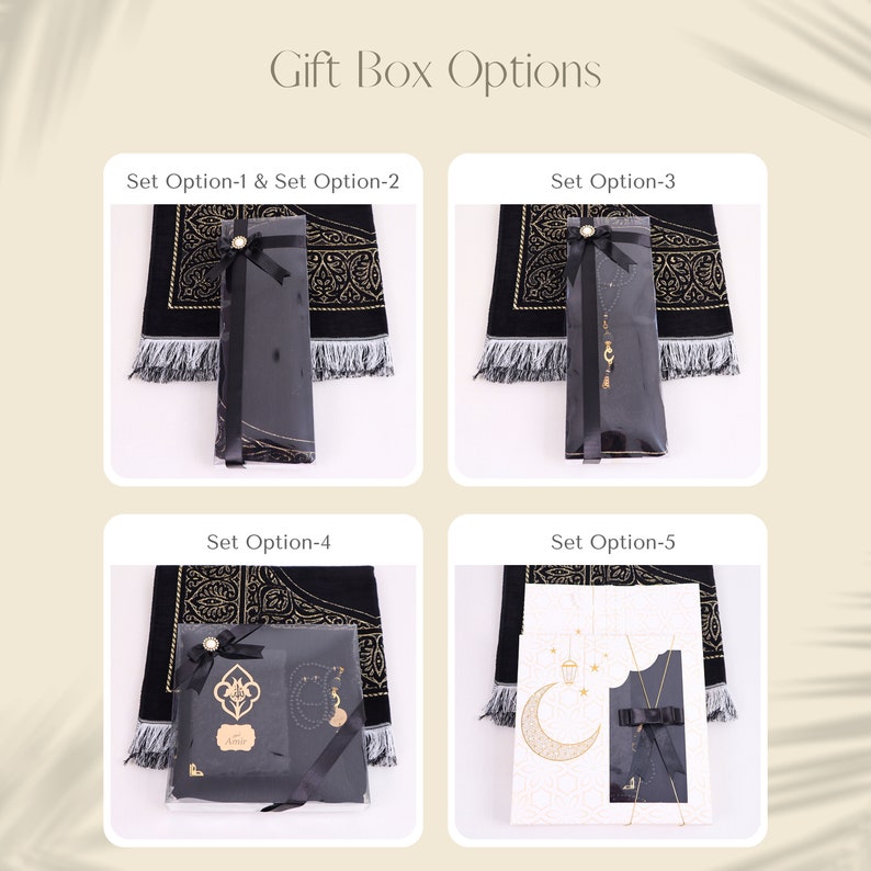 May include: Five gift box options for prayer rugs. Each box includes a prayer rug, a black box with a ribbon, and a decorative item. The decorative items include a necklace, a keychain, and a small decorative piece.