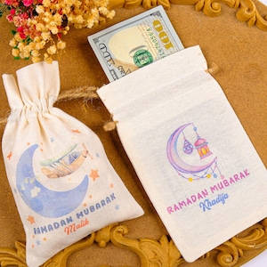 Personalized Eid Gift Bag for Kids - Custom Ramadan Favor Pouch - Islamic Party Goodie Bag - Cotton Treat Bag with Name - Gif Bag for Guests