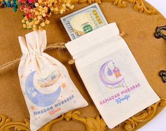 Gepersonaliseerde Eid-cadeautas voor kinderen - Aangepast Ramadan-gunstzakje - Goodiebag islamitisch feest - Katoenen traktatiezakje met naam - Cadeauzakje voor gasten