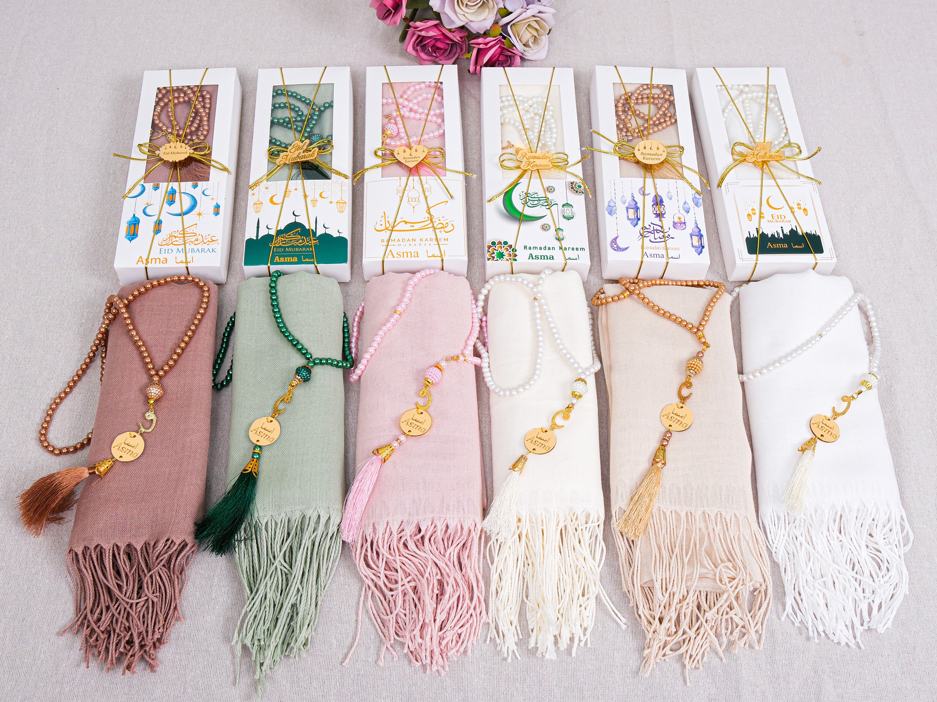 Personalized Pashmina Shawl Scarf Tasbeeh Gift Set | Ramadan Eid Wedding Nikah Birthday Mother's Valentine's Anniversary Days Gift for Women