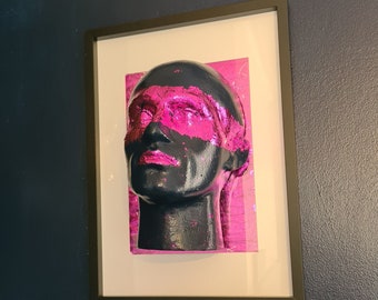 Original 3D wall hanging picture, handmade framed modern art head sculpture.