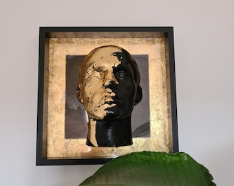 Original 3D wall hanging picture, handmade framed modern art head sculpture.