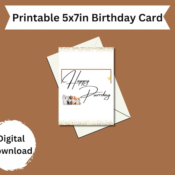 Cute Printable - Happy Purrday Half Frame Digital Flat Style Card Portrait