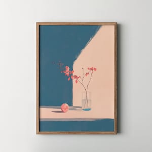 Aesthetic Posters & Canvas Print | Pink Floral Still Life Oil Painting, Pink and Blue Wall Art, Minimalist Wall Art, Vintage Poster Prints