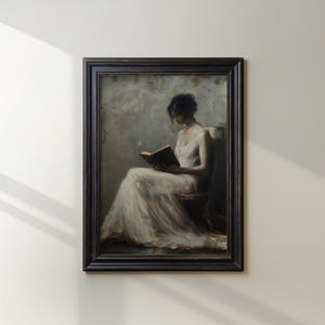 Poster & Canvas Wall Art "Whispers of the Pages" |Antique Portrait Painting, Moody Vintage Print, Dark Academia Wall Art, Reading Nook Decor