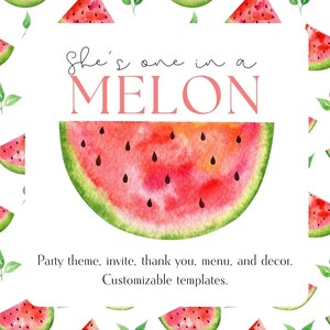 Tema de fiesta de cumpleaños "Uno en un melón" - Invitación, Menú, Gracias, Enlaces de decoración - Plantillas personalizables - Canva - Primer cumpleaños