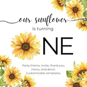 Tema de fiesta de cumpleaños "Girasol": invitación, menú, agradecimiento, enlaces de decoración - Plantillas personalizables - Primer cumpleaños - Canva