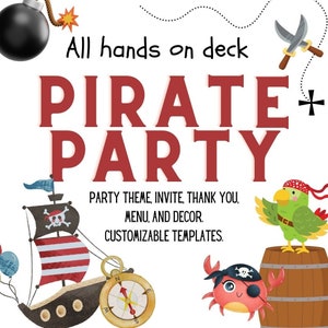Tema de fiesta de cumpleaños "Pirata" - Invitación, menú, agradecimiento, enlaces de decoración - Plantillas personalizables - Canva
