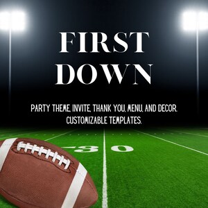 Tema de fiesta de cumpleaños "First Down" / Fútbol - Invitación, Menú, Gracias, Enlaces de decoración - Plantillas personalizables - Primer cumpleaños - Canva